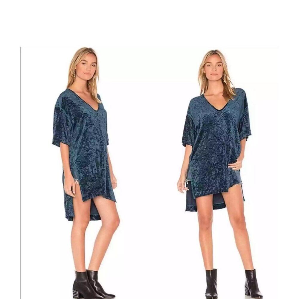 Free People Luxe Extended Burnout Velvet Mini Dress in Navy Blue